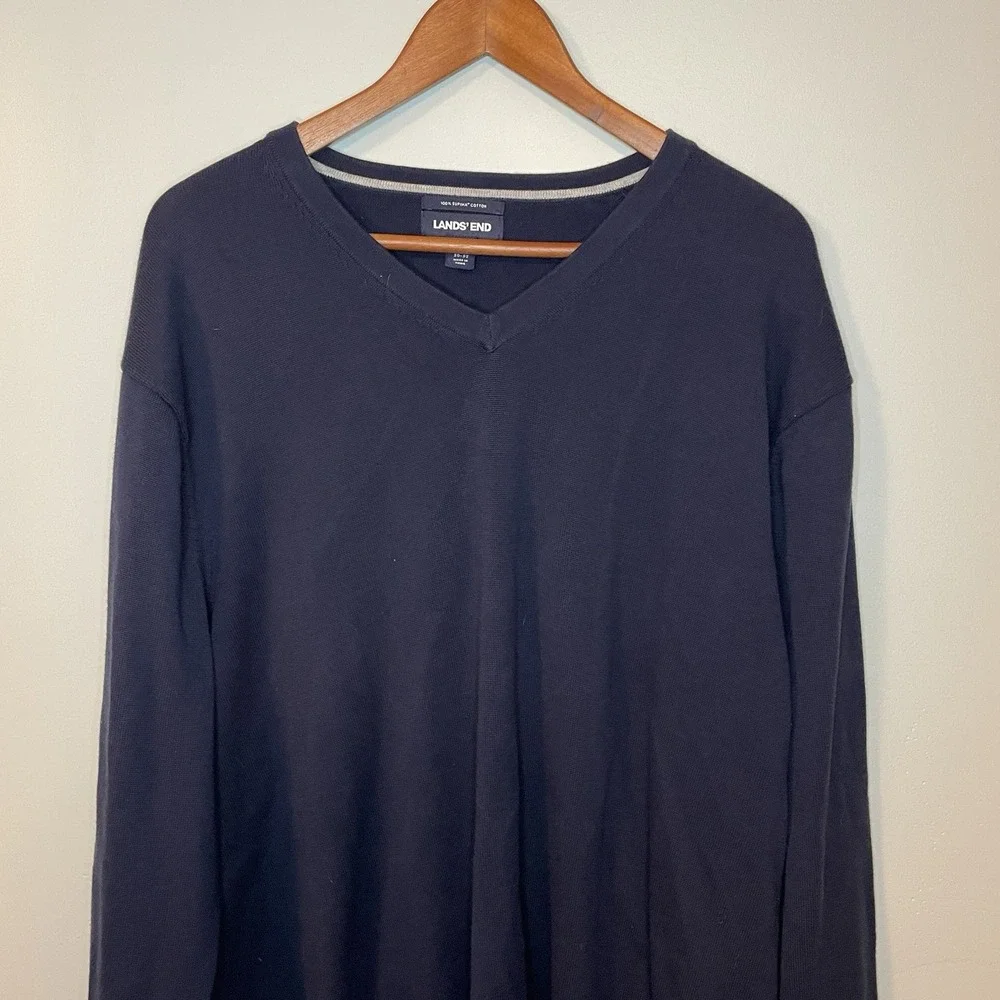 Lands‎ End Mens XXL 2X V Neck Sweater Casual Navy Long Sleeve Supima Cotton